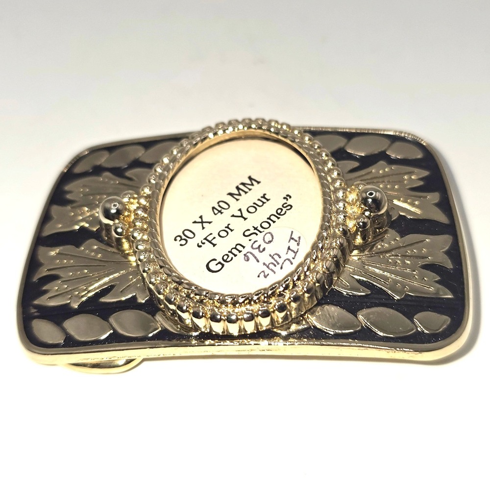 Vintage Goldt Tone Western Belt Buckle Blank Black Filigree Scrollwork‎ 30x40mm